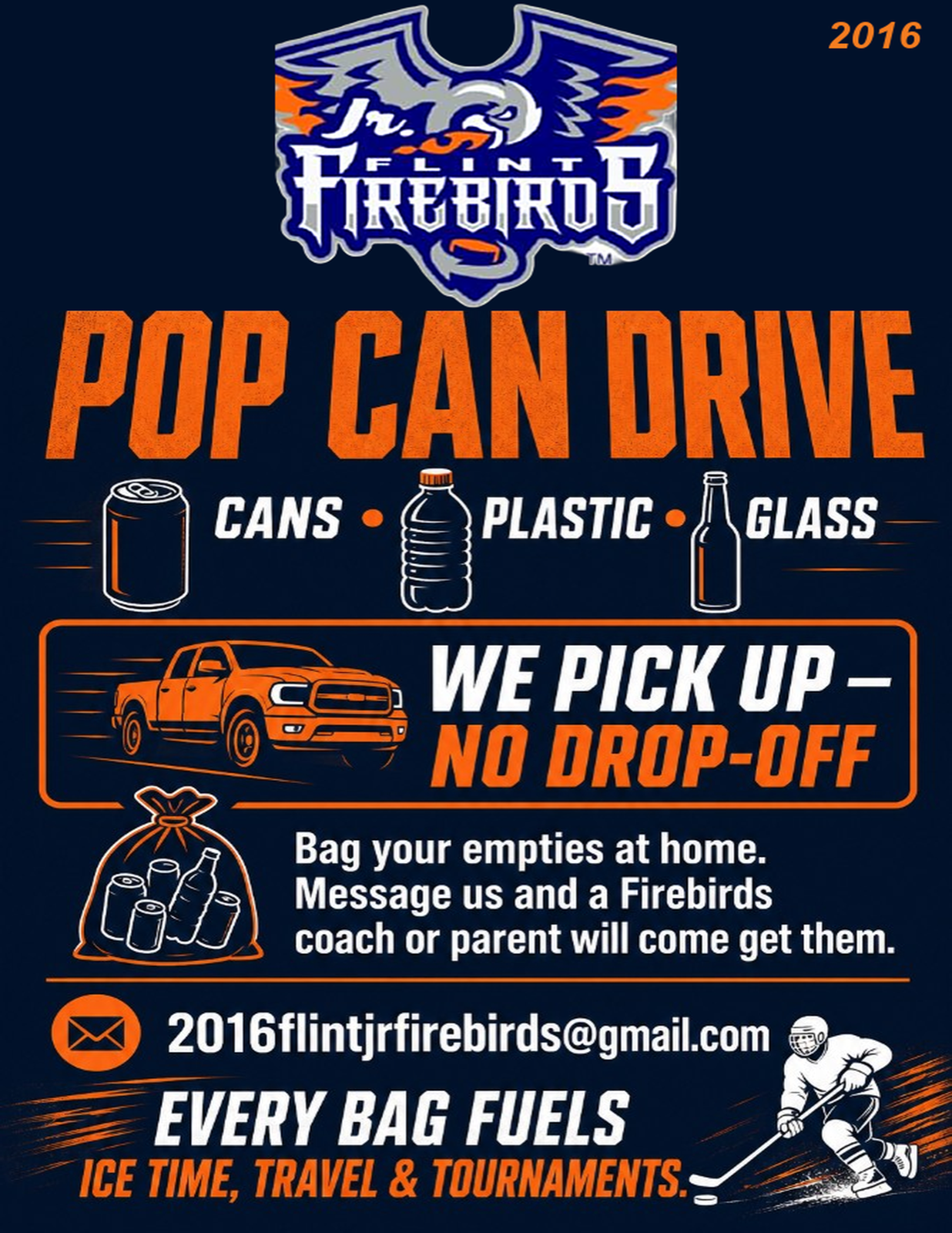2016 Flint Jr. Firebirds Pop Can Drive flyer — we pick up cans, plastic, and glass